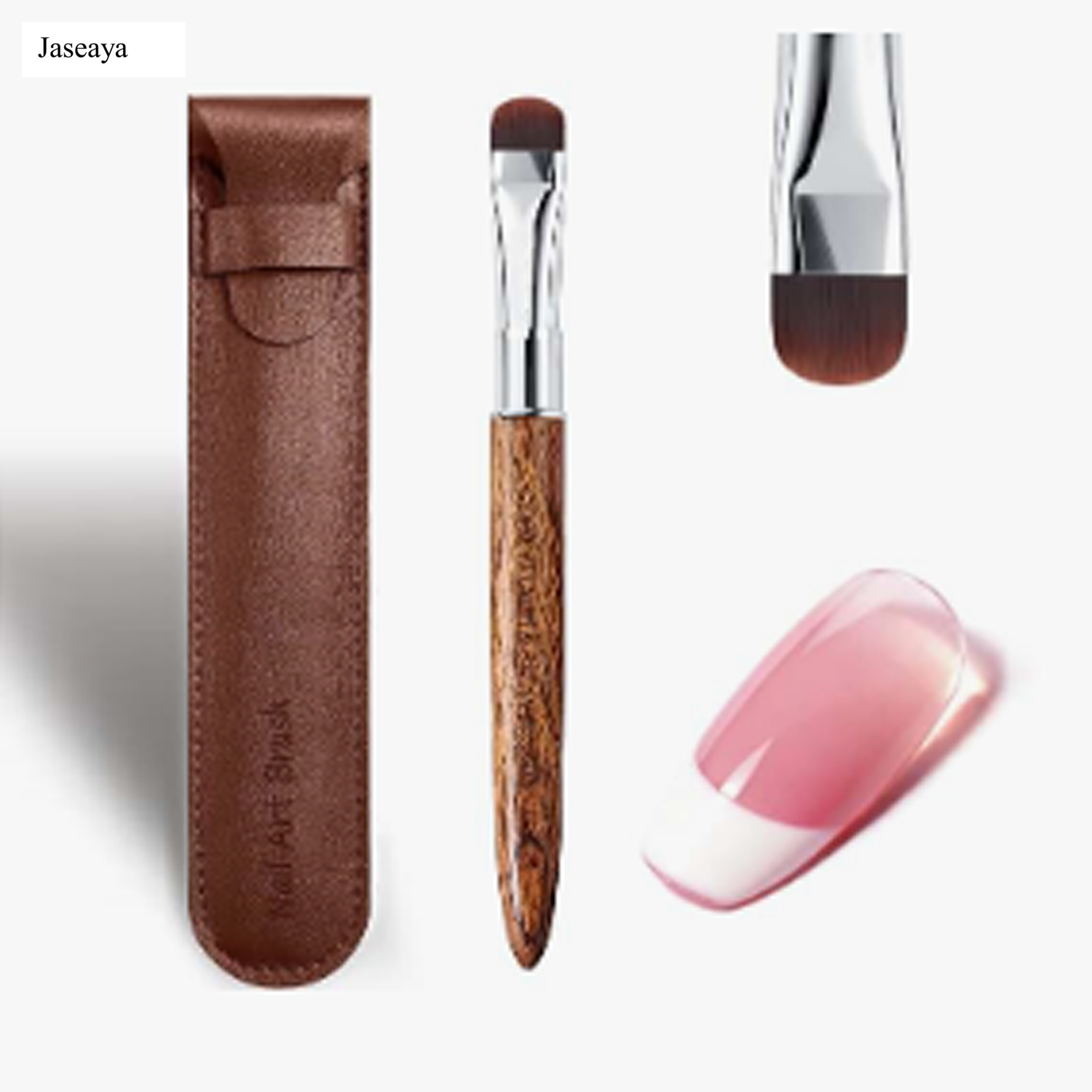 JASEAYA Nail Brush for French Tips and Clean Up | Gel Polish Brush with Wooden Handle & Storage Pouch