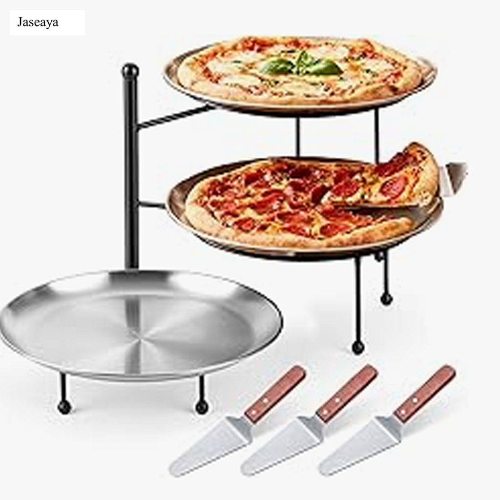 JASEAYA 3-Tier Pizza Stand for Party, Black Metal Pizza Rack with Tiered Tray Stand & 3 Pizzas Pan & 3 Wood Handle Serving Spatulas, Space-Saving Display Pizza Rack for Buffet, Catering, Party (10.2” H)