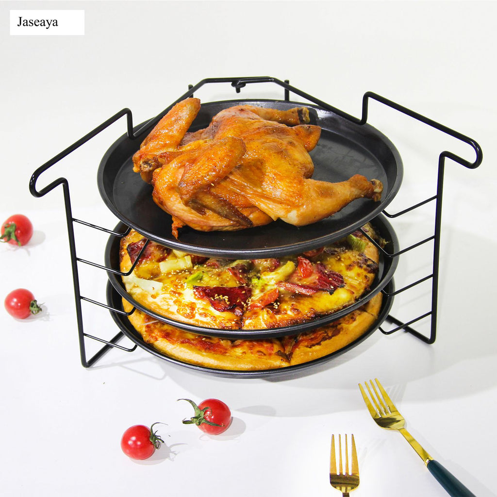JASEAYA 3-Tier Pizza Stand for Party, Black Metal Pizza Rack with Tiered Tray Stand & 3 Pizzas Pan & 3 Wood Handle Serving Spatulas, Space-Saving Display Pizza Rack for Buffet, Catering, Party (10.2” H)