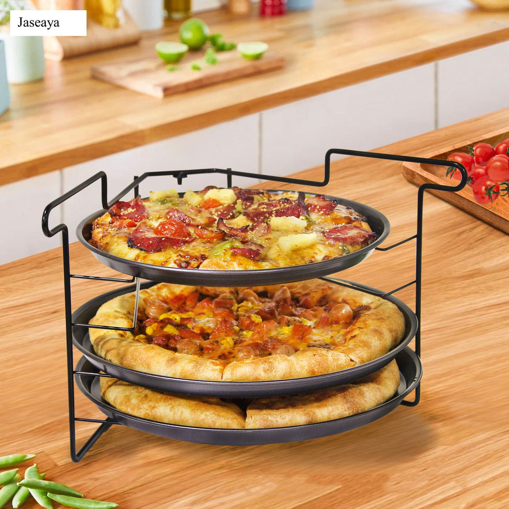 JASEAYA 3-Tier Pizza Stand for Party, Black Metal Pizza Rack with Tiered Tray Stand & 3 Pizzas Pan & 3 Wood Handle Serving Spatulas, Space-Saving Display Pizza Rack for Buffet, Catering, Party (10.2” H)