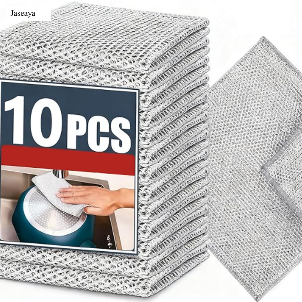 JASEAYA Double-Layer Steel Wire Cleaning Cloth - Non-Scratch Wire Dishcloth Rag Heavy Duty Scrub Pads Multi-Purpose Silver Mesh Scouring Pads for Dishes, Pots, Pans (10 pcs)