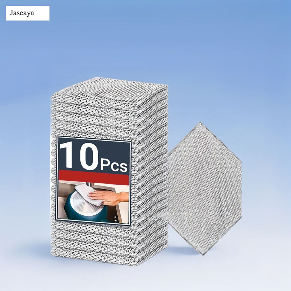 JASEAYA Double-Layer Steel Wire Cleaning Cloth - Non-Scratch Wire Dishcloth Rag Heavy Duty Scrub Pads Multi-Purpose Silver Mesh Scouring Pads for Dishes, Pots, Pans (10 pcs)