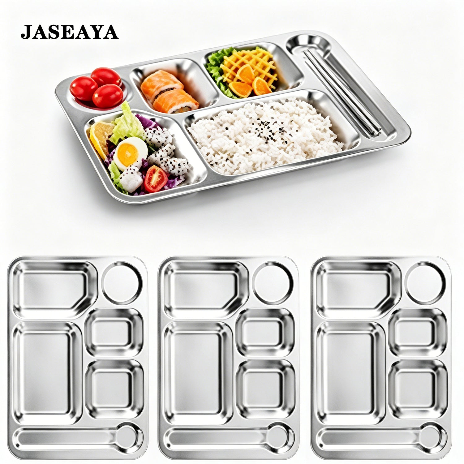 JASEAYA 4 Pack Stainless Steel Rectangular Divided Dinner Tray, 6 Sections Stainless steel Metal Plate for Adults, Picky Eaters, Campers, and Portion Control