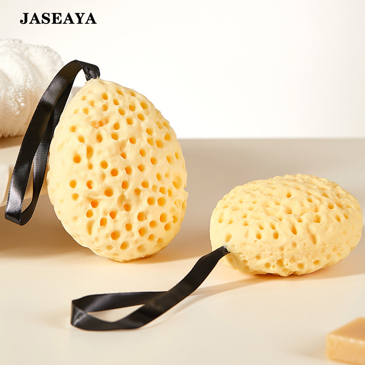 JASEAYA Natural bath sponge, honeycomb bath sponge with rope, soft exfoliating body sponge