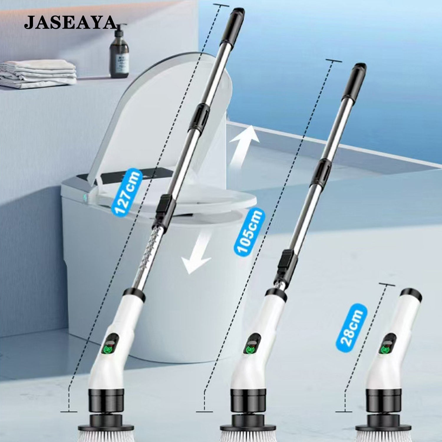 JASEAYA Electric Spin Scrubber, Long Handle Cordless Cleaning Brush with Replaceable Brush Heads, Handheld Power Scrubber