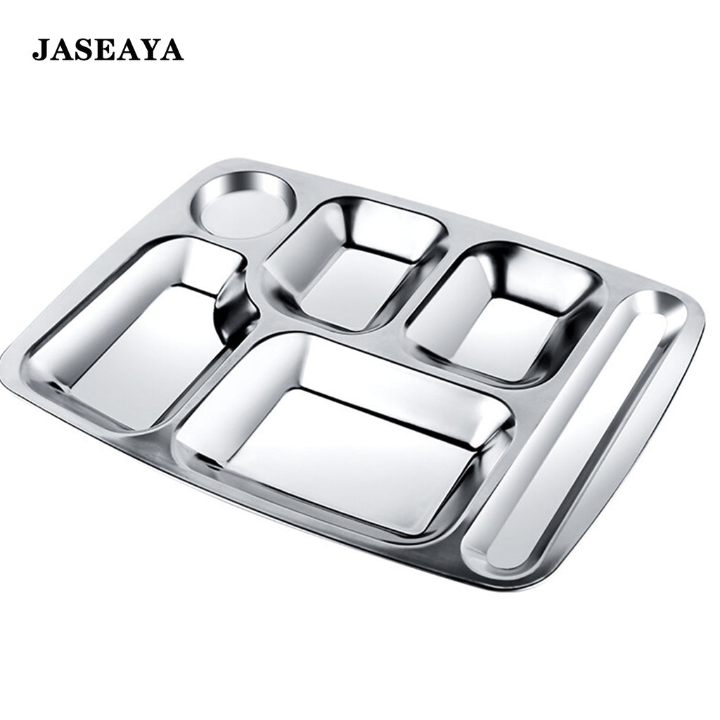 JASEAYA 4 Pack Stainless Steel Rectangular Divided Dinner Tray, 6 Sections Stainless steel Metal Plate for Adults, Picky Eaters, Campers, and Portion Control