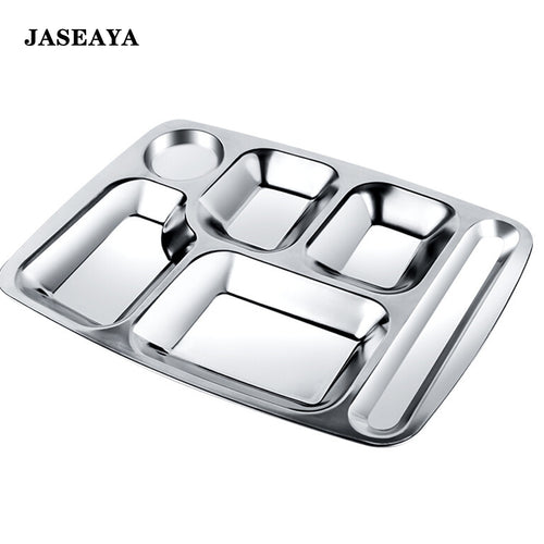 JASEAYA 4 Pack Stainless Steel Rectangular Divided Dinner Tray, 6 Sections Stainless steel Metal Plate for Adults, Picky Eaters, Campers, and Portion Control