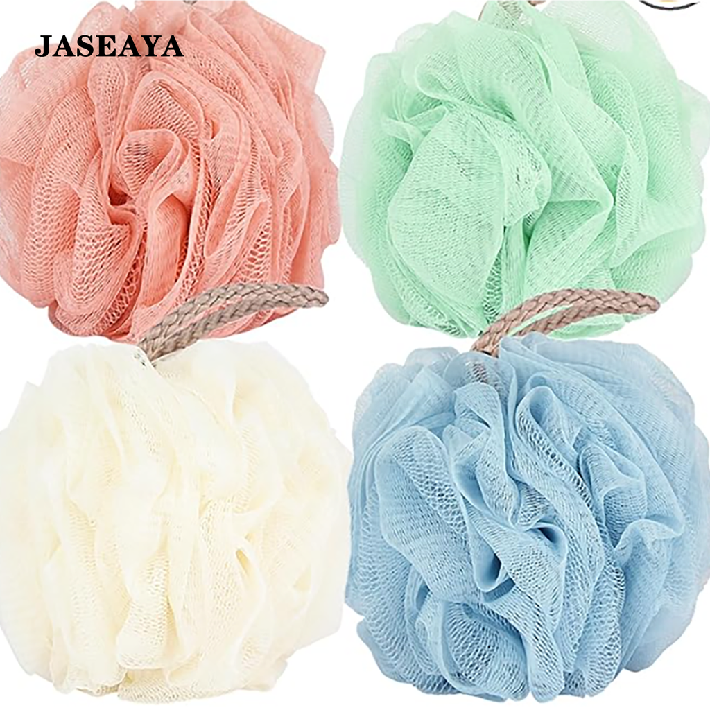 JASEAYA Loofah Sponge 60g Shower Loofahs 4 Colors Bath Sponges Mesh Balls for Body Scrubber Exfoliator Wash Back Scrubber Bathroom Men Women - 4 Pack Scrubbers Cleaning Bathing Accessories