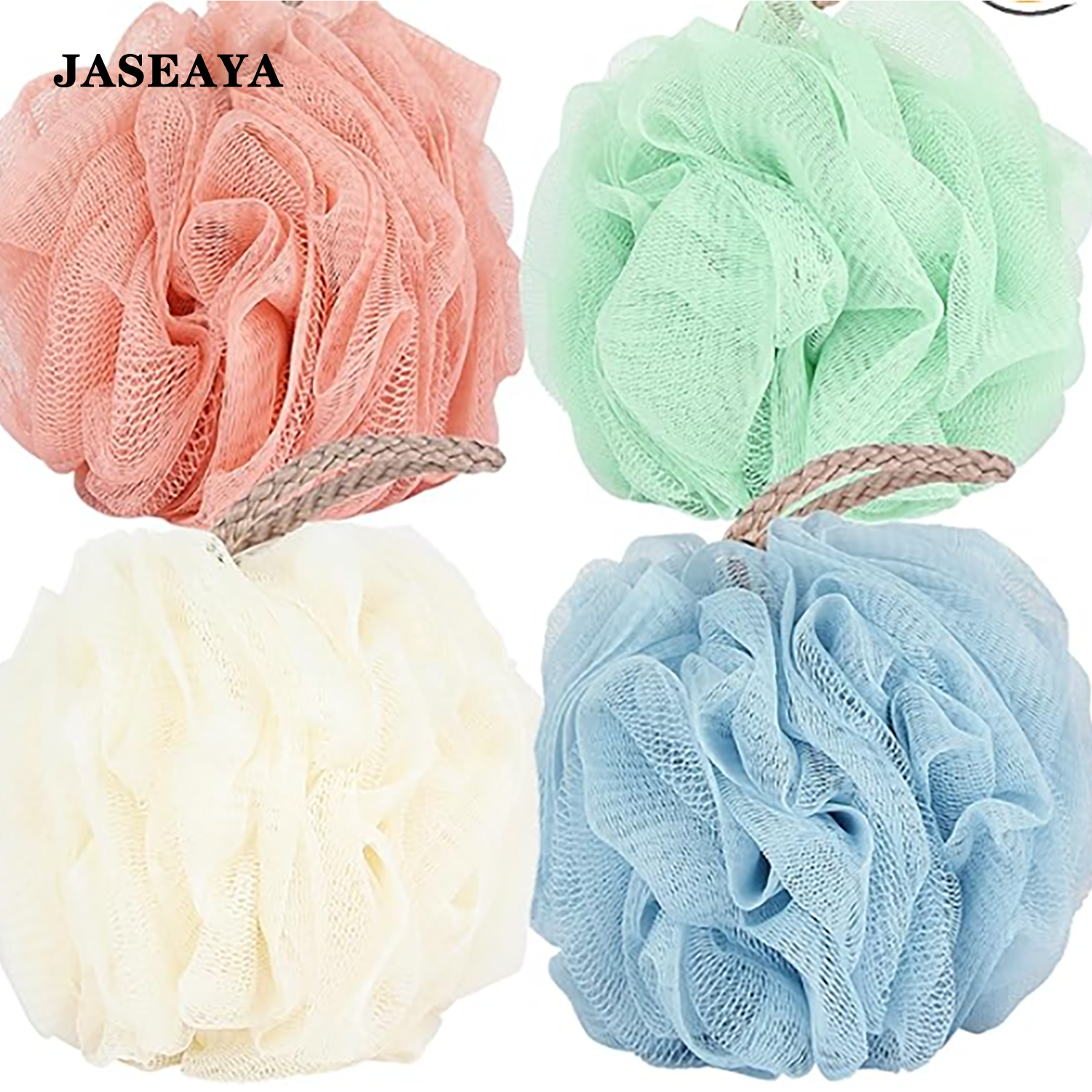 JASEAYA Loofah Sponge 60g Shower Loofahs 4 Colors Bath Sponges Mesh Balls for Body Scrubber Exfoliator Wash Back Scrubber Bathroom Men Women - 4 Pack Scrubbers Cleaning Bathing Accessories