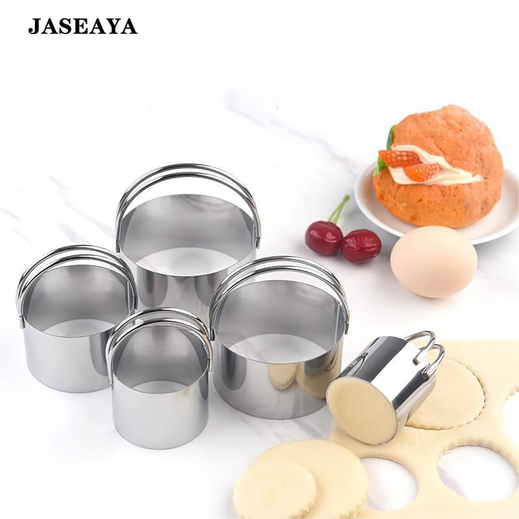 JASEAYA Stainless Steel Cookie Cutters Set of 5, Round Biscuit Cutters with Handles, Mousse Ring Baking Molds for Cookies, Pastry, Dough and Cakes