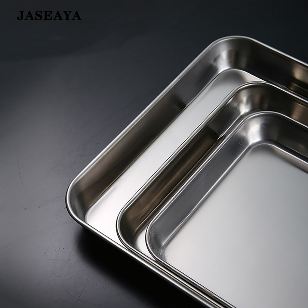 JASEAYA Stainless Steel Baking Trays Set of 4, Thickened Flat Bottom Square Oven Pans, Cookie Sheets and Food Serving Trays for Baking and Roasting