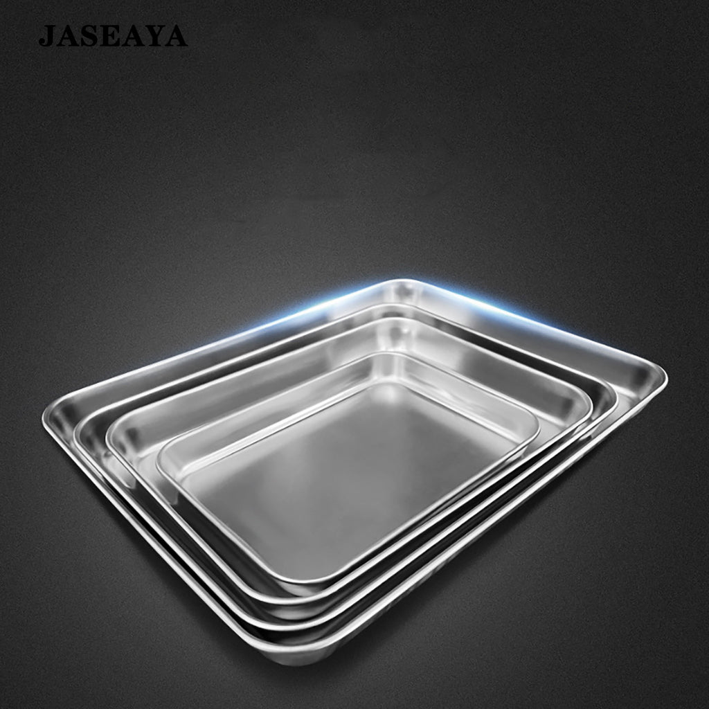 JASEAYA Stainless Steel Baking Trays Set of 4, Thickened Flat Bottom Square Oven Pans, Cookie Sheets and Food Serving Trays for Baking and Roasting