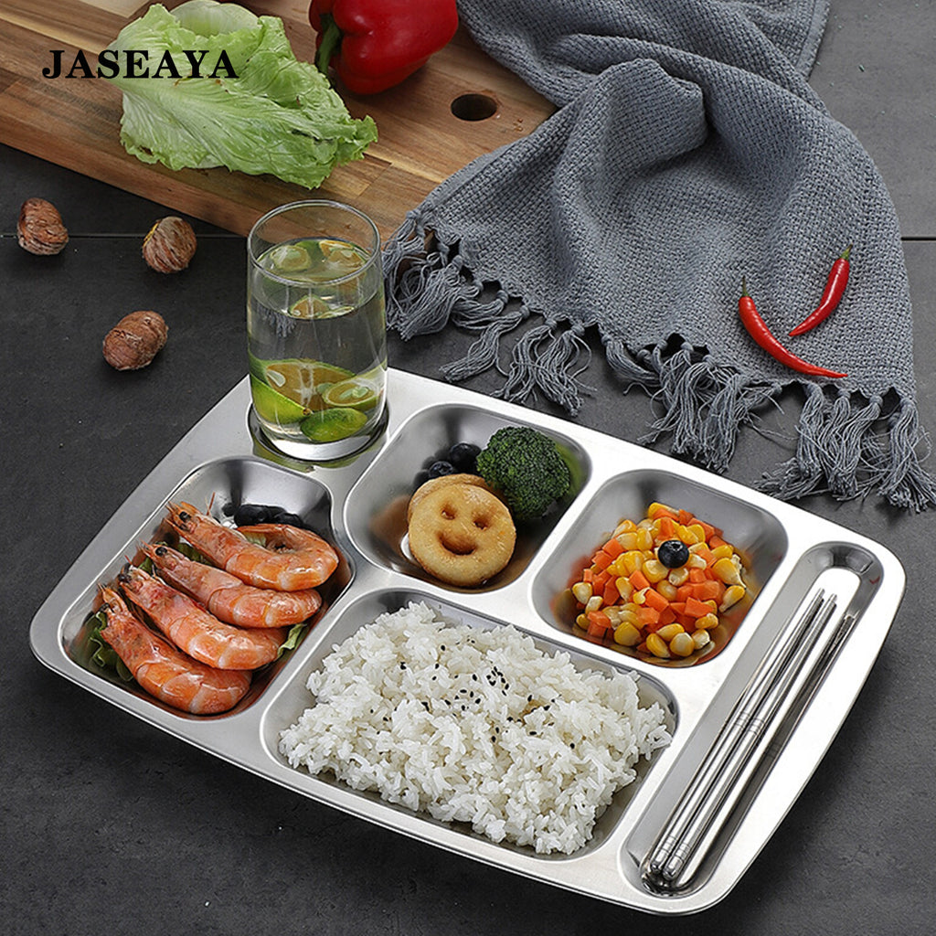 JASEAYA 4 Pack Stainless Steel Rectangular Divided Dinner Tray, 6 Sections Stainless steel Metal Plate for Adults, Picky Eaters, Campers, and Portion Control