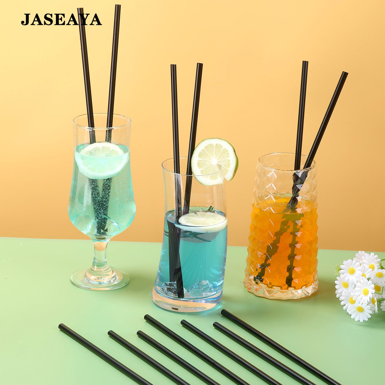 JASEAYA Black, unpackaged, flat-mouth disposable plastic straws; bar/coffee stirrer; juice straw (100 Pcs）