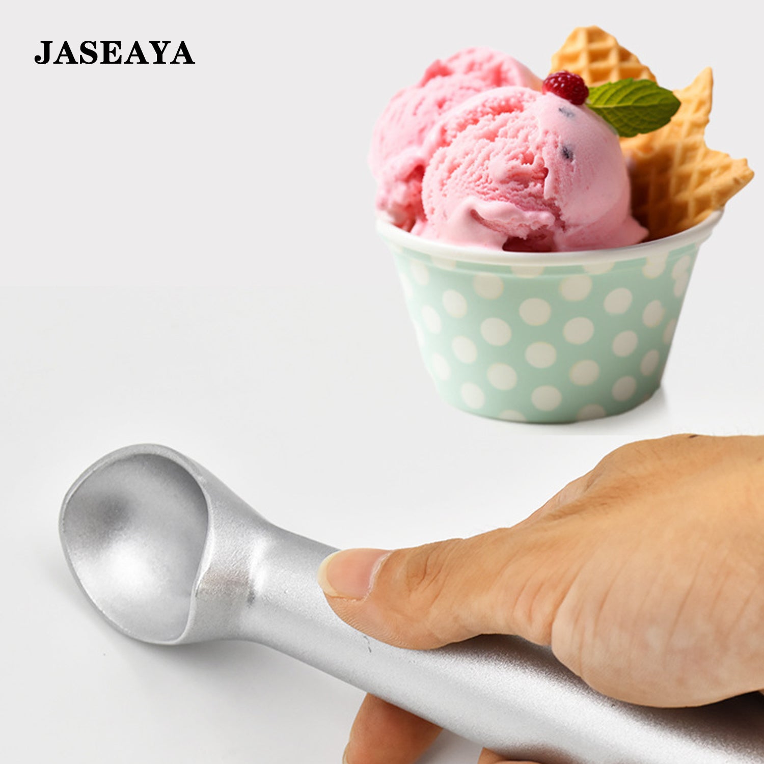 JASEAYA Ice Cream Scoop,7 inches Nonstick Anti-Freeze One Piece Aluminum Scooper Spoon, Heavy Duty Durable Design, Easy Clean, for Gelato, Cookie Dough, Sorbet, Almond (Silver/Black)