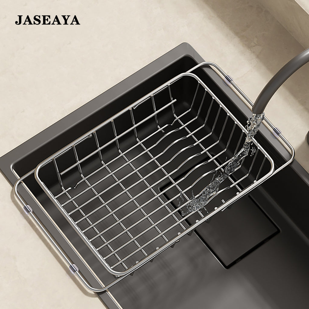 JASEAYA Sink Dish Drying Rack, with anti-slip rubber pads and extendable stainless steel, for use in the kitchen sink.