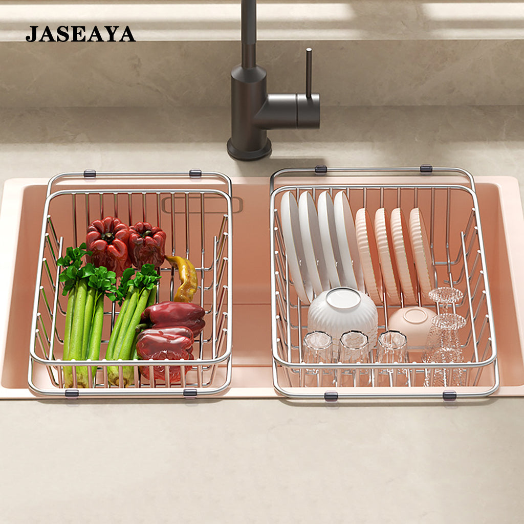 JASEAYA Sink Dish Drying Rack, with anti-slip rubber pads and extendable stainless steel, for use in the kitchen sink.