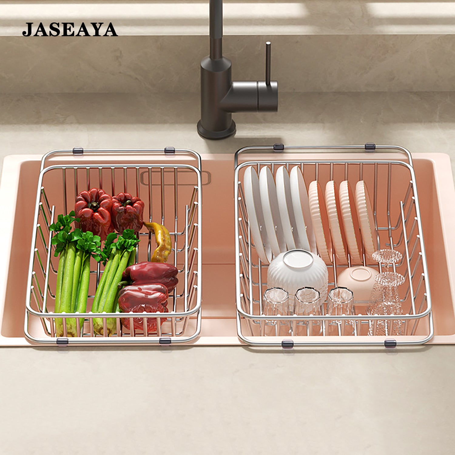 JASEAYA Sink Dish Drying Rack, with anti-slip rubber pads and extendable stainless steel, for use in the kitchen sink.