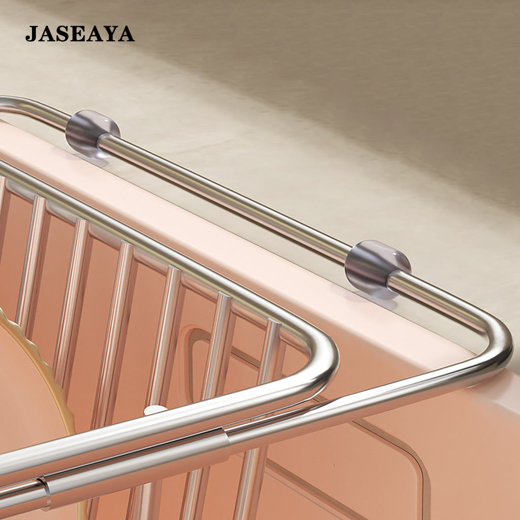 JASEAYA Sink Dish Drying Rack, with anti-slip rubber pads and extendable stainless steel, for use in the kitchen sink.