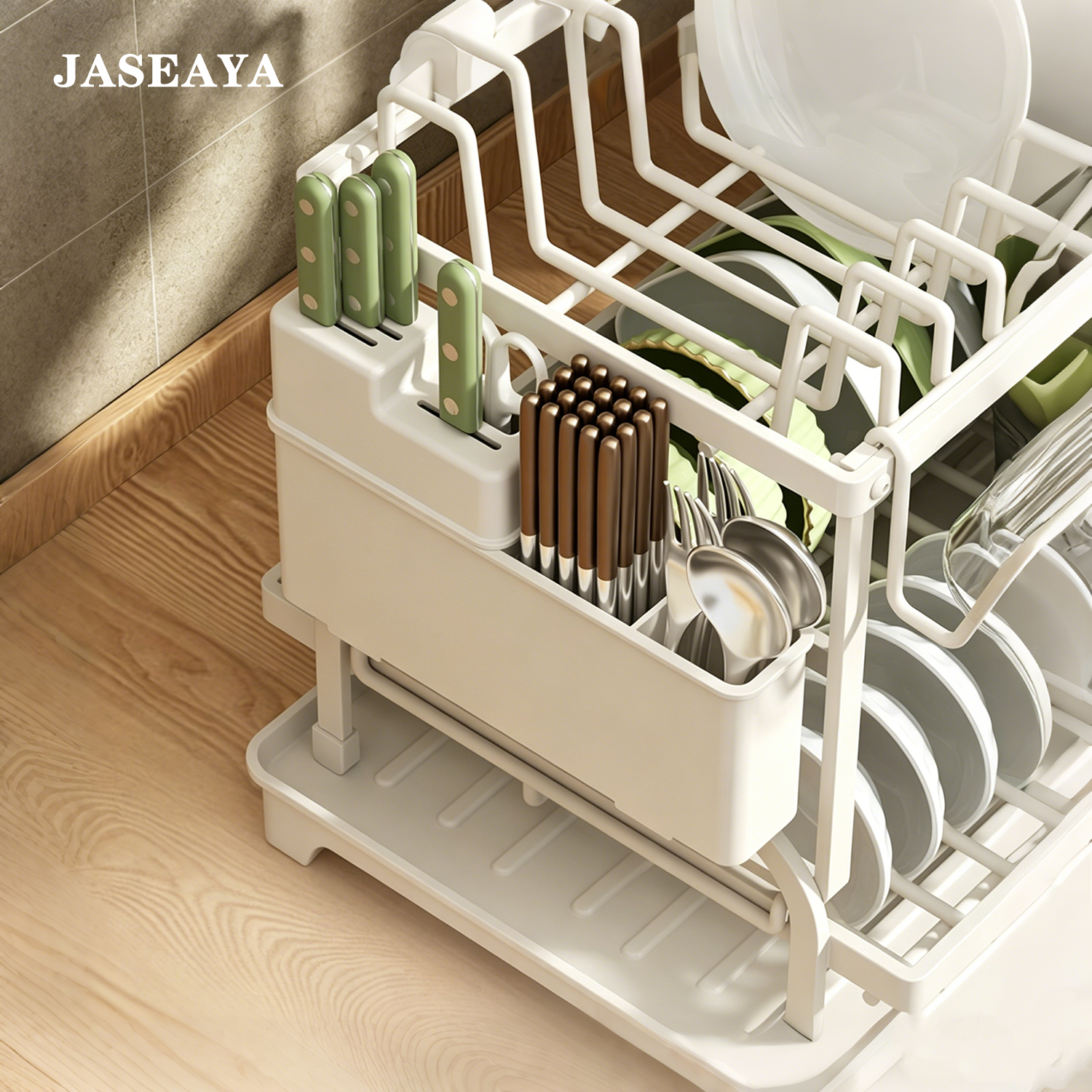 JASEAYA kitchen storage rack, dish rack, multi-functional household dish rack, chopsticks, knife, cutting board, and water cup organizer, available in two colors