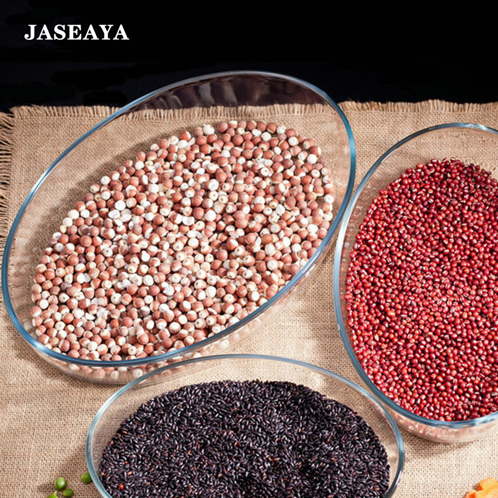JASEAYA stylish oval glass plate set, thickened & heat-resistant (1.5L). Perfect for fish, desserts, salads, bread, and fruits. Dishwasher & microwave safe — a versatile kitchen essential.