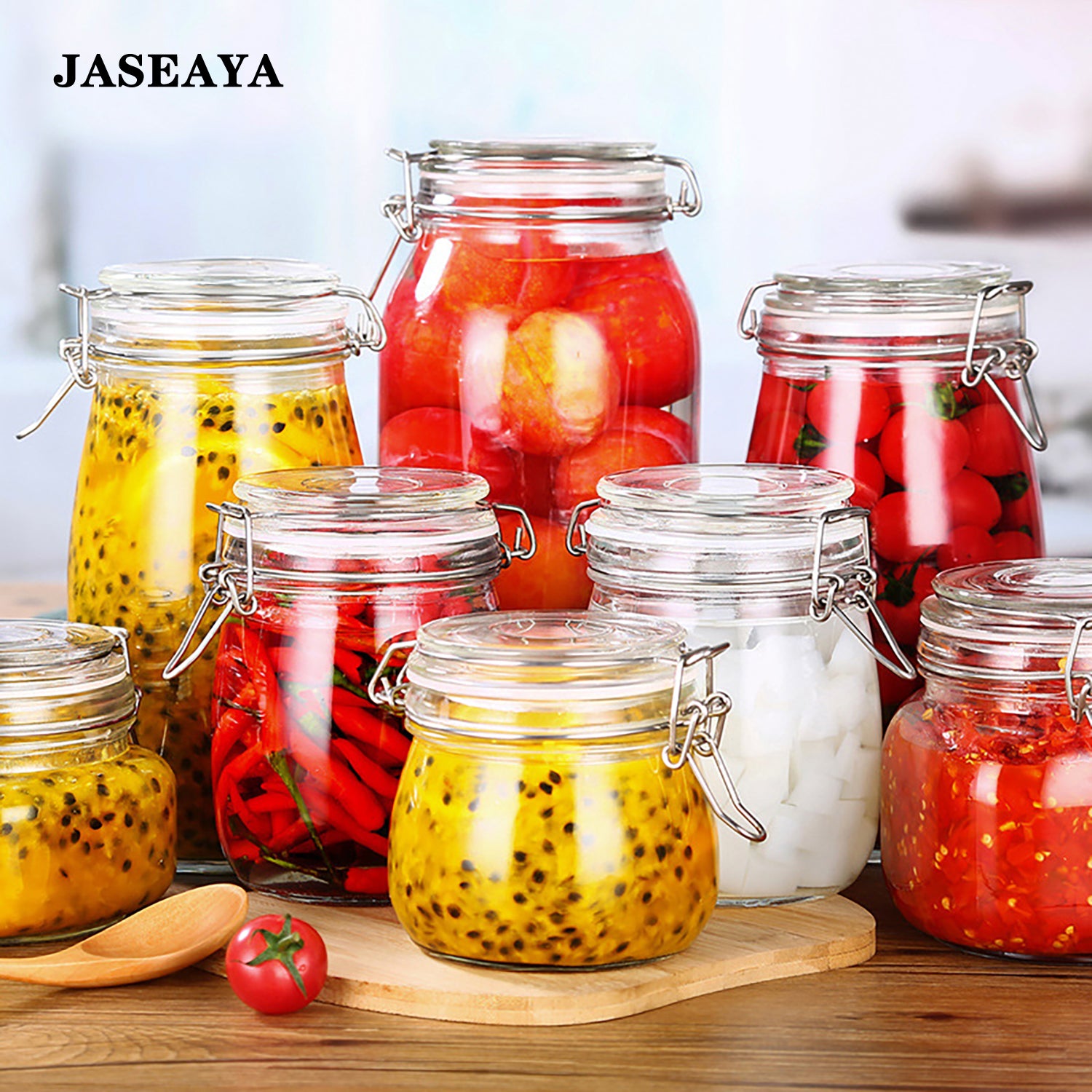 JASEAYA airtight glass jars,food storage containers with a snap-lock sealing ring for easy access. Suitable for storing honey, fruit, yogurt, and grains in the kitchen
