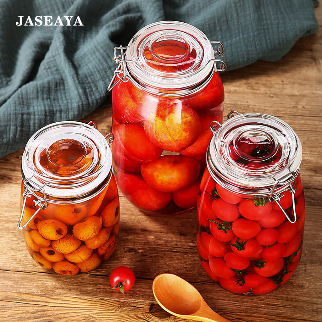 JASEAYA airtight glass jars,food storage containers with a snap-lock sealing ring for easy access. Suitable for storing honey, fruit, yogurt, and grains in the kitchen