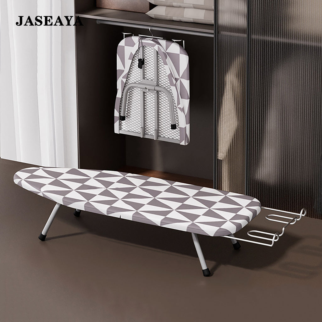 JASEAYA Mini Tabletop Ironing Board, mini and foldable, comes with hooks for easy hanging and storage, wire mesh structure, ironing bracket, heat-resistant 100% cotton cover and mat