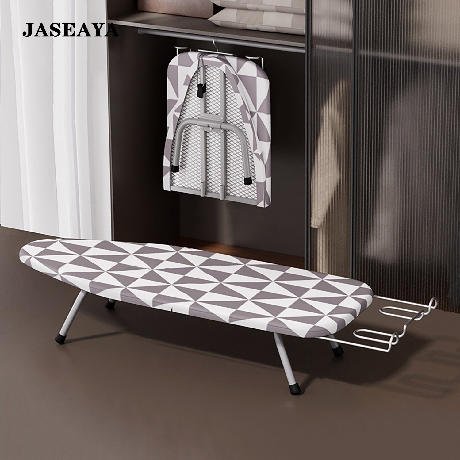 JASEAYA Mini Tabletop Ironing Board, mini and foldable, comes with hooks for easy hanging and storage, wire mesh structure, ironing bracket, heat-resistant 100% cotton cover and mat