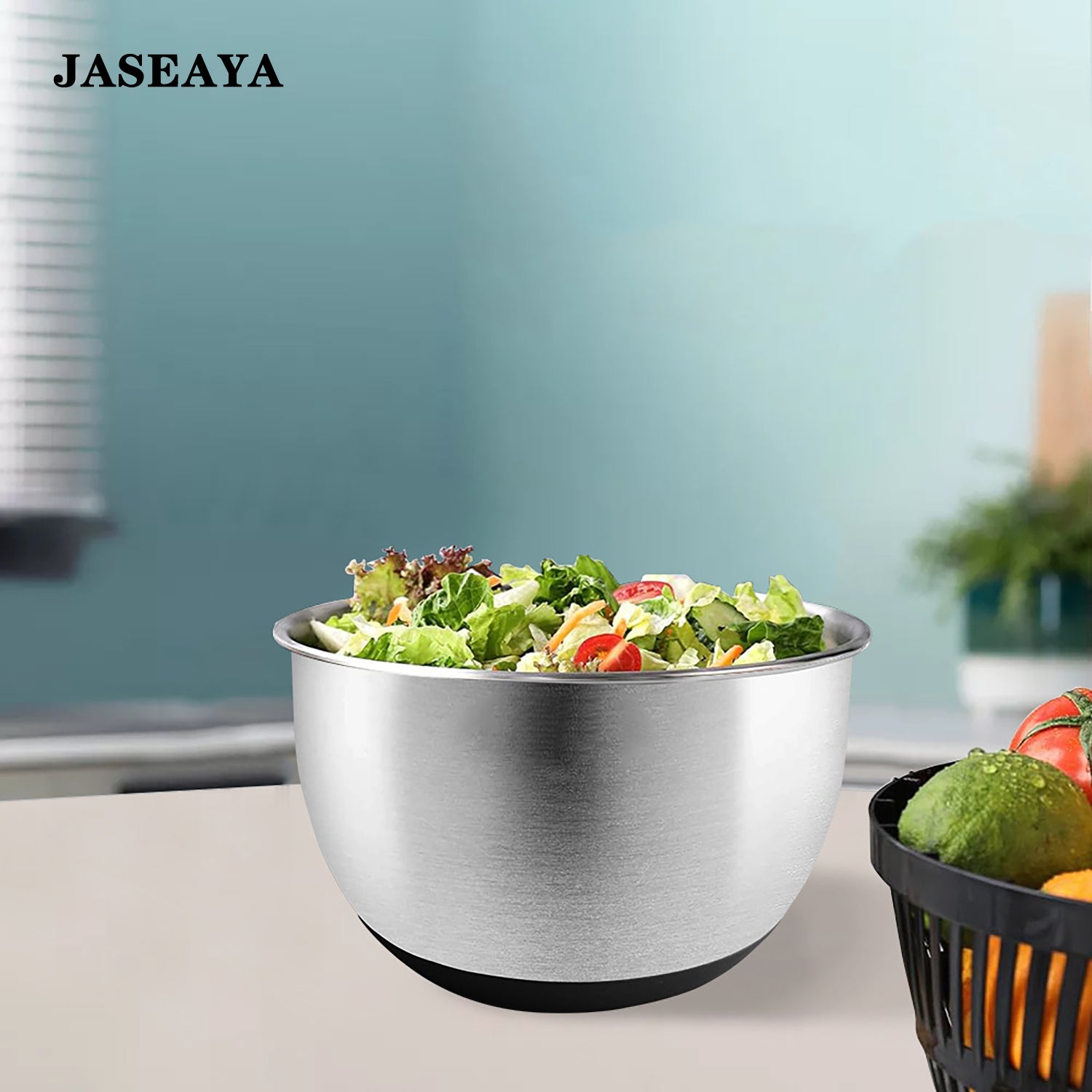 JASEAYA stainless steel mixing bowl, multi-functional cooking bowl with graduations, non-slip silicone bottom, suitable for salad bowls, baking flour bowls, egg mixing bowls, and kitchen use