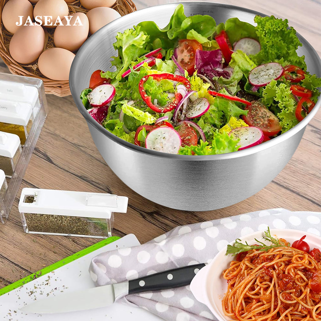 JASEAYA stainless steel mixing bowl, multi-functional cooking bowl with graduations, non-slip silicone bottom, suitable for salad bowls, baking flour bowls, egg mixing bowls, and kitchen use
