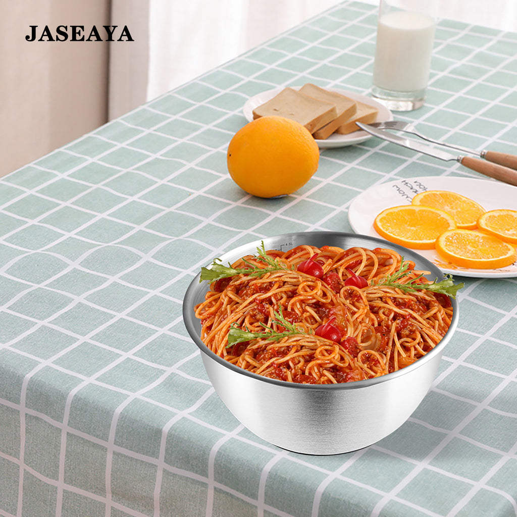 JASEAYA stainless steel mixing bowl, multi-functional cooking bowl with graduations, non-slip silicone bottom, suitable for salad bowls, baking flour bowls, egg mixing bowls, and kitchen use