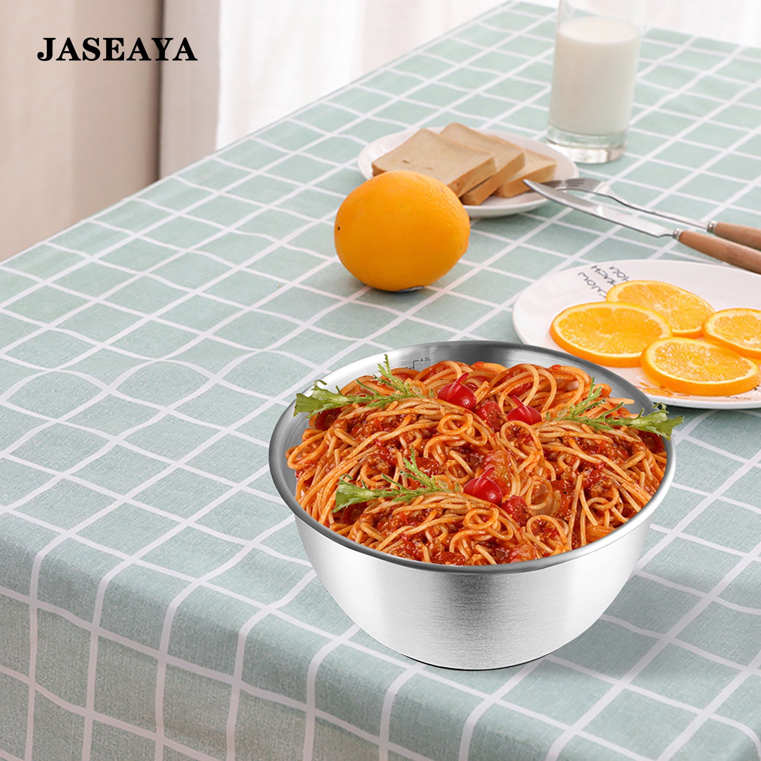 JASEAYA stainless steel mixing bowl, multi-functional cooking bowl with graduations, non-slip silicone bottom, suitable for salad bowls, baking flour bowls, egg mixing bowls, and kitchen use