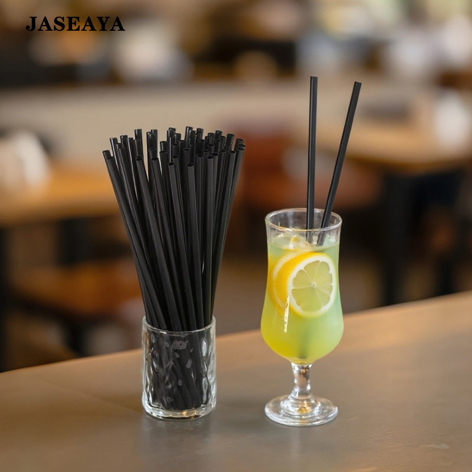 JASEAYA Black, unpackaged, flat-mouth disposable plastic straws; bar/coffee stirrer; juice straw (100 Pcs）