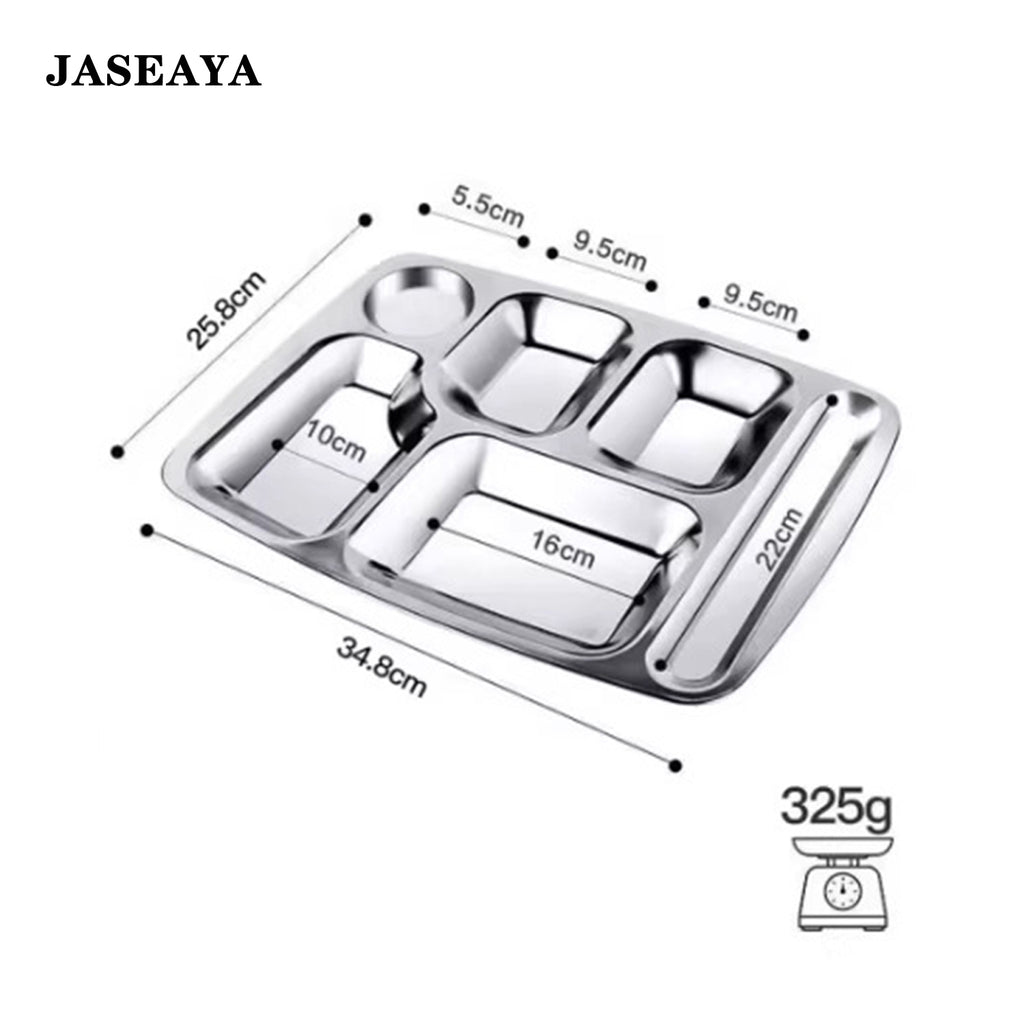 JASEAYA 4 Pack Stainless Steel Rectangular Divided Dinner Tray, 6 Sections Stainless steel Metal Plate for Adults, Picky Eaters, Campers, and Portion Control