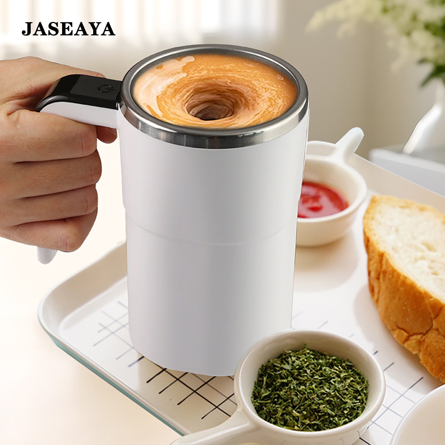 JASEAYA Automatic Stirring Mug, Electric Portable Coffee Mug, Rechargeable, Perfect for Coffee Lovers, 12.8oz White
