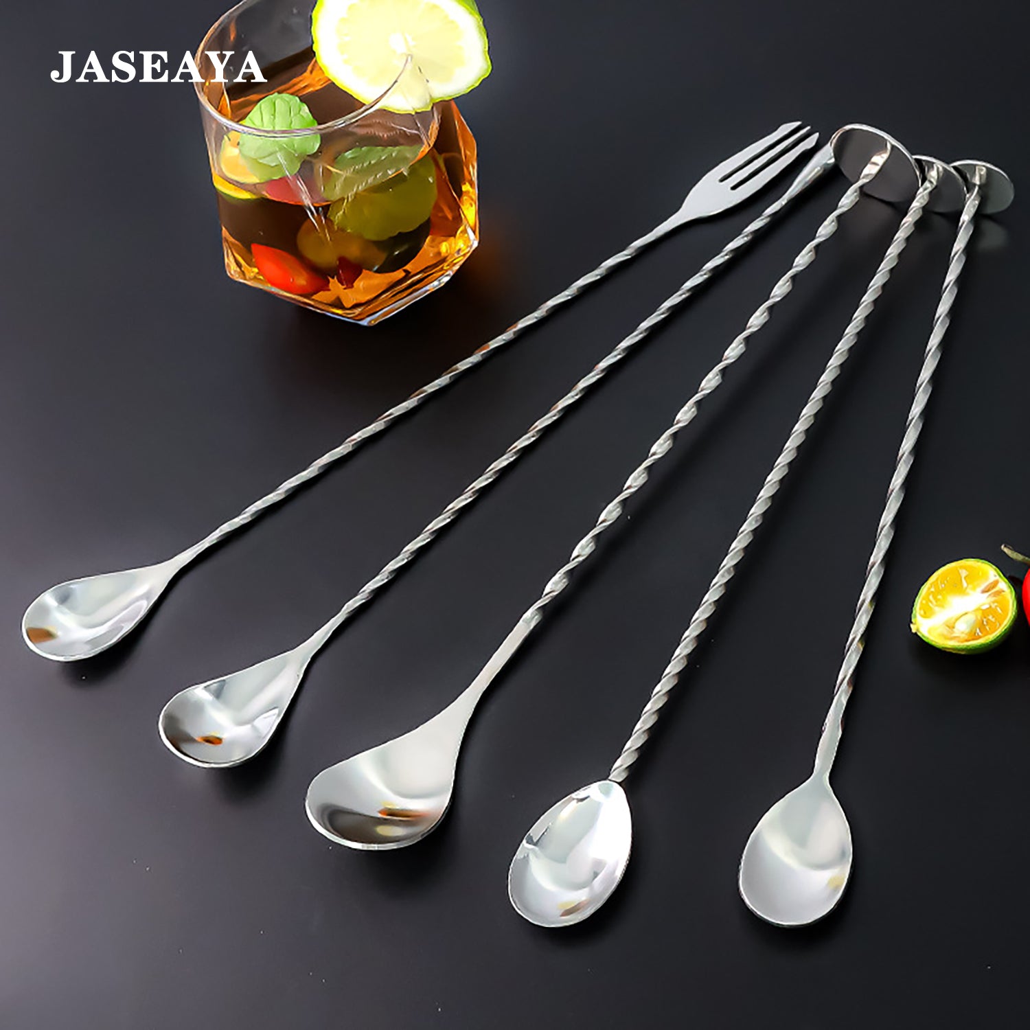 JASEAYA 5Pcs Long-Handled Stirring Spoon - Beverage Preparation Tool - Thoroughly stirs the bottom of drinks, mixes and easily layers beverages, features a threaded handle, suitable for all types of beverage preparation
