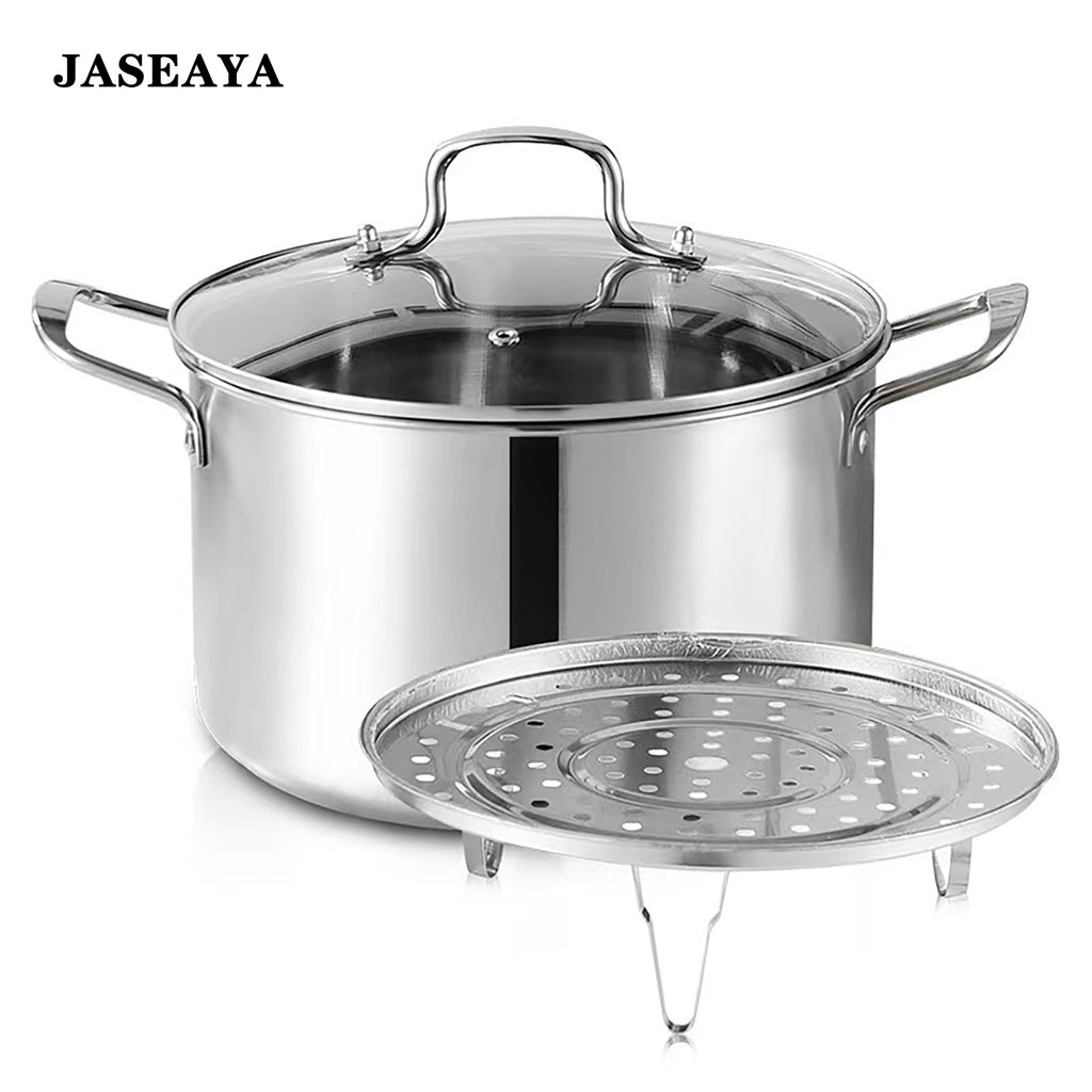 JASEAYA Stainless Steel Pot - Flat-bottomed saucepan with a viewing lid and steamer rack, suitable for cooking pasta, soups, spaghetti, and steaming eggs, 8 Quart