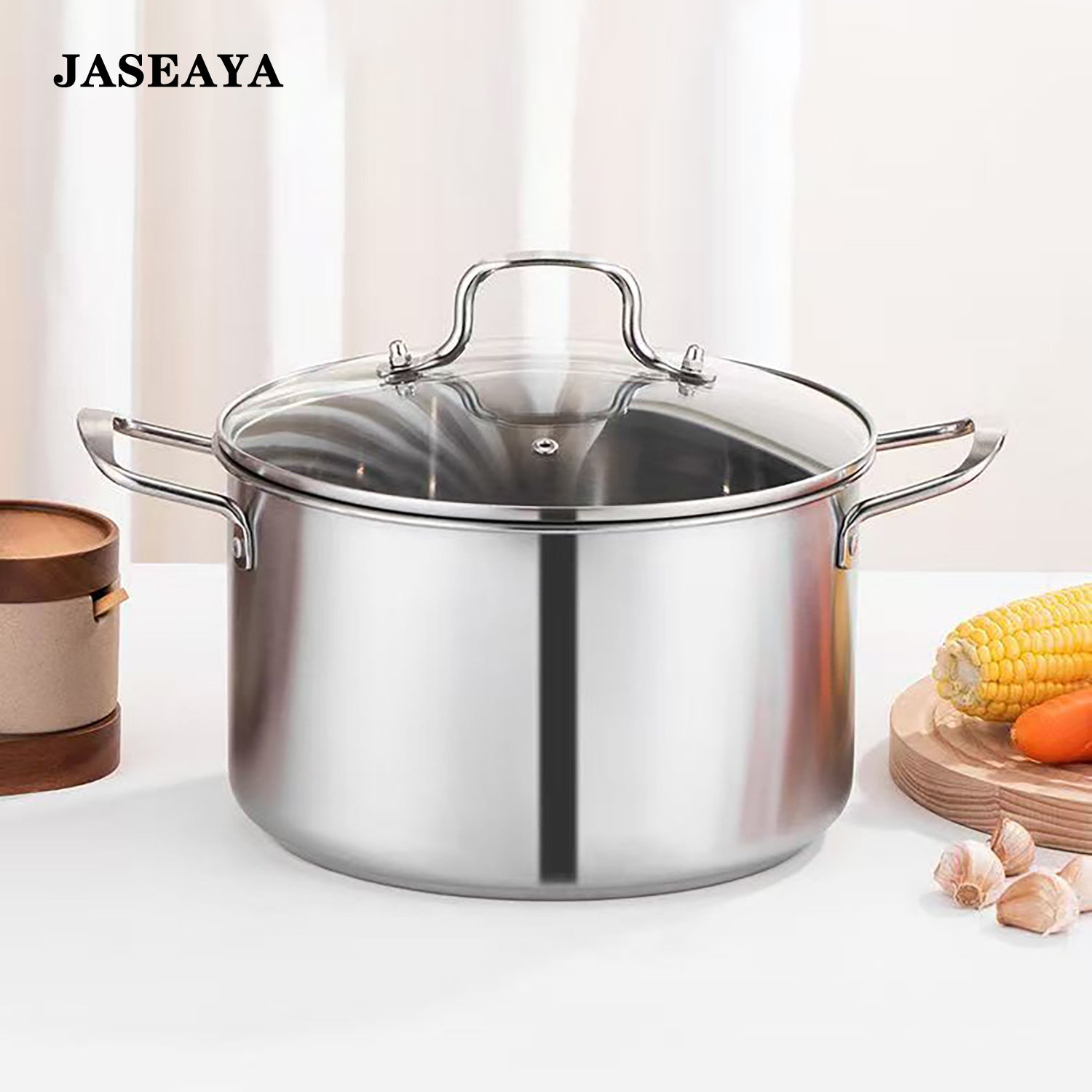 JASEAYA Stainless Steel Pot - Flat-bottomed saucepan with a viewing lid and steamer rack, suitable for cooking pasta, soups, spaghetti, and steaming eggs, 8 Quart