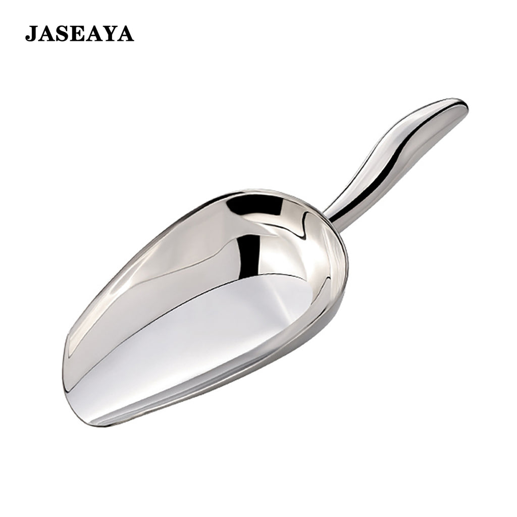 JASEAYA 12oz Stainless Steel Ice Scoop, suitable for freezer compartments, with long handle and hook for hanging. Ideal for ice makers, buckets, dog food, flour, and jars