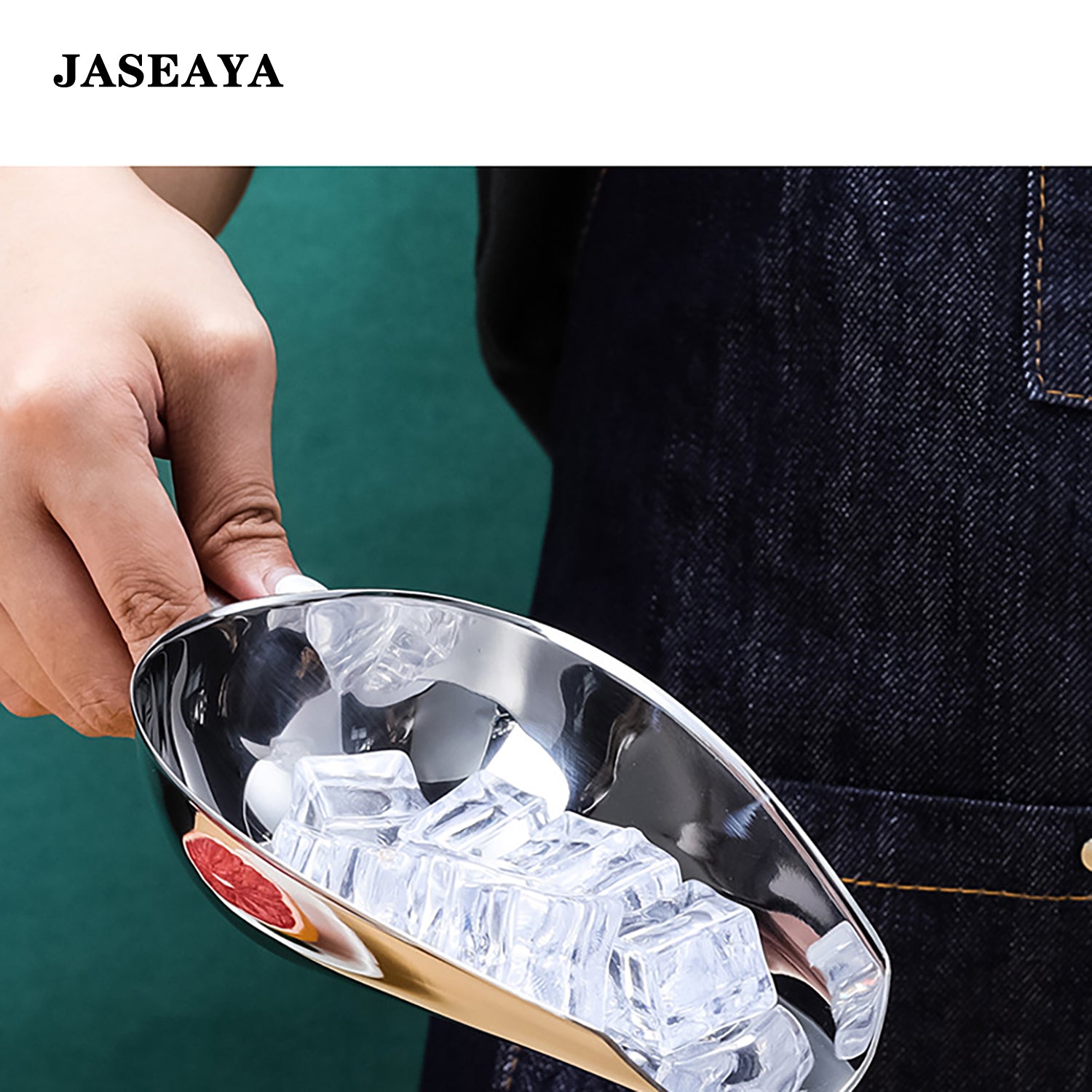 JASEAYA 12oz Stainless Steel Ice Scoop, suitable for freezer compartments, with long handle and hook for hanging. Ideal for ice makers, buckets, dog food, flour, and jars