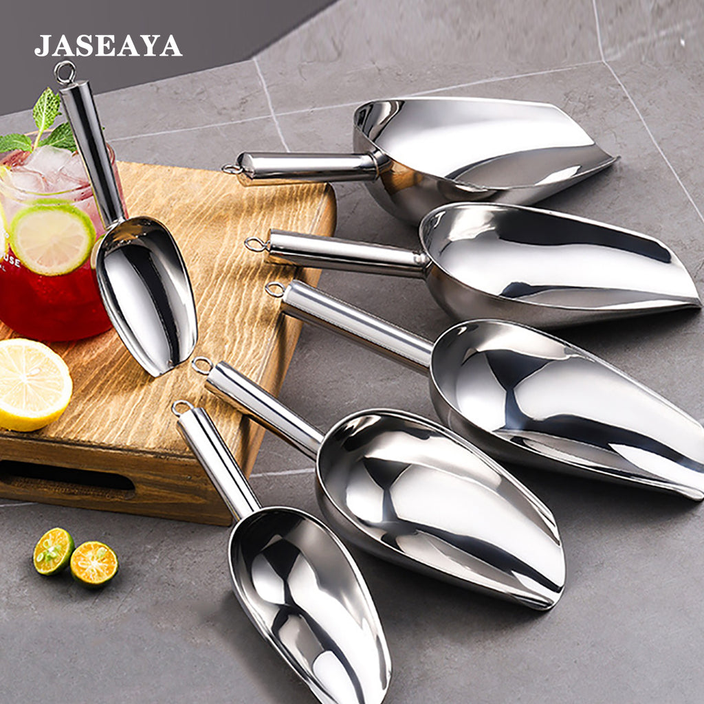JASEAYA 12oz Stainless Steel Ice Scoop, suitable for freezer compartments, with long handle and hook for hanging. Ideal for ice makers, buckets, dog food, flour, and jars