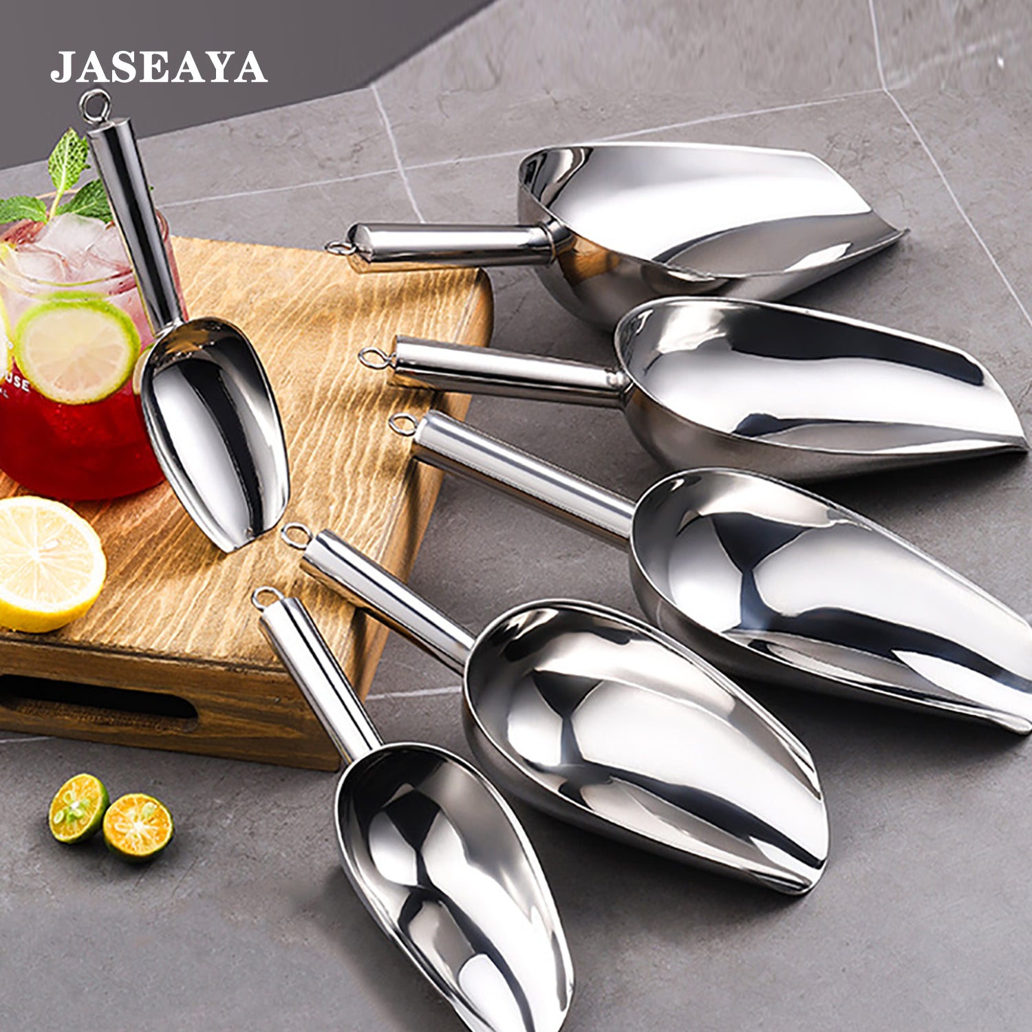 JASEAYA 12oz Stainless Steel Ice Scoop, suitable for freezer compartments, with long handle and hook for hanging. Ideal for ice makers, buckets, dog food, flour, and jars