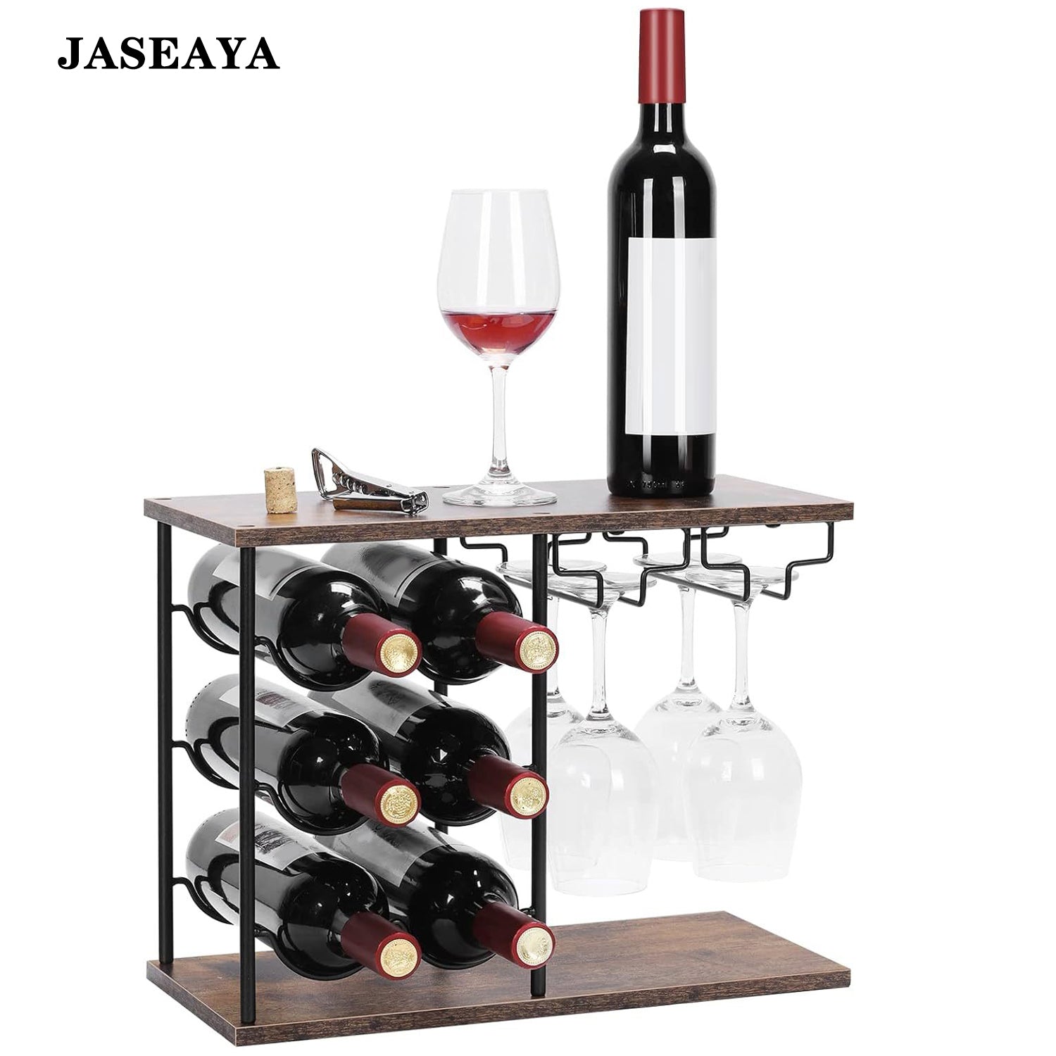 JASEAYA Freestanding Bottle Stands, Countertop Wine Bottle Holder with Tray, Holds 6 Bottles and 4 Glasses, Wine Rack with Glass Holder