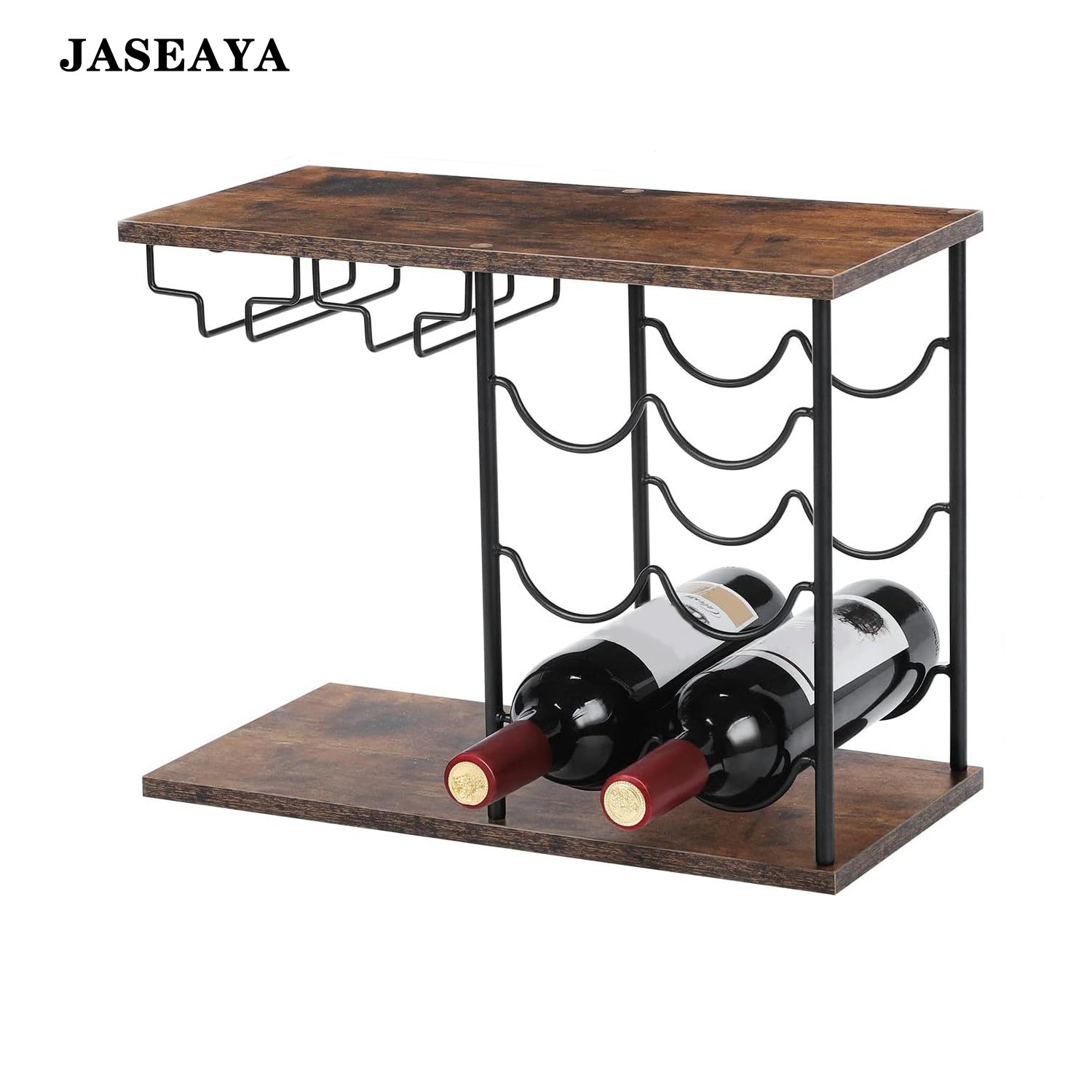 JASEAYA Freestanding Bottle Stands, Countertop Wine Bottle Holder with Tray, Holds 6 Bottles and 4 Glasses, Wine Rack with Glass Holder