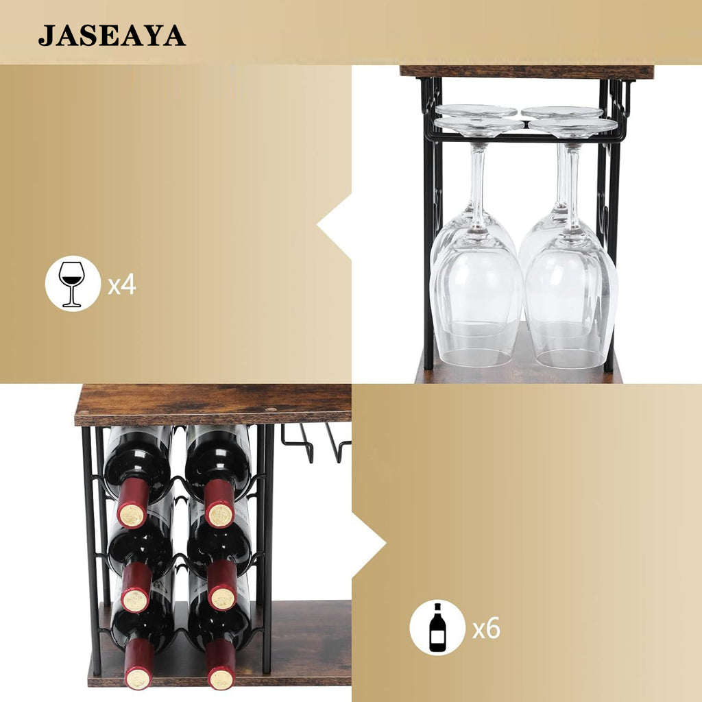 JASEAYA Freestanding Bottle Stands, Countertop Wine Bottle Holder with Tray, Holds 6 Bottles and 4 Glasses, Wine Rack with Glass Holder