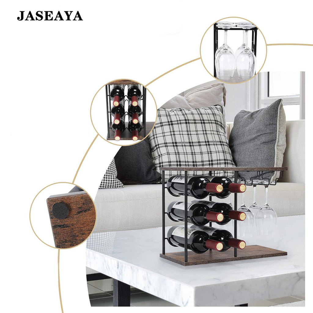 JASEAYA Freestanding Bottle Stands, Countertop Wine Bottle Holder with Tray, Holds 6 Bottles and 4 Glasses, Wine Rack with Glass Holder