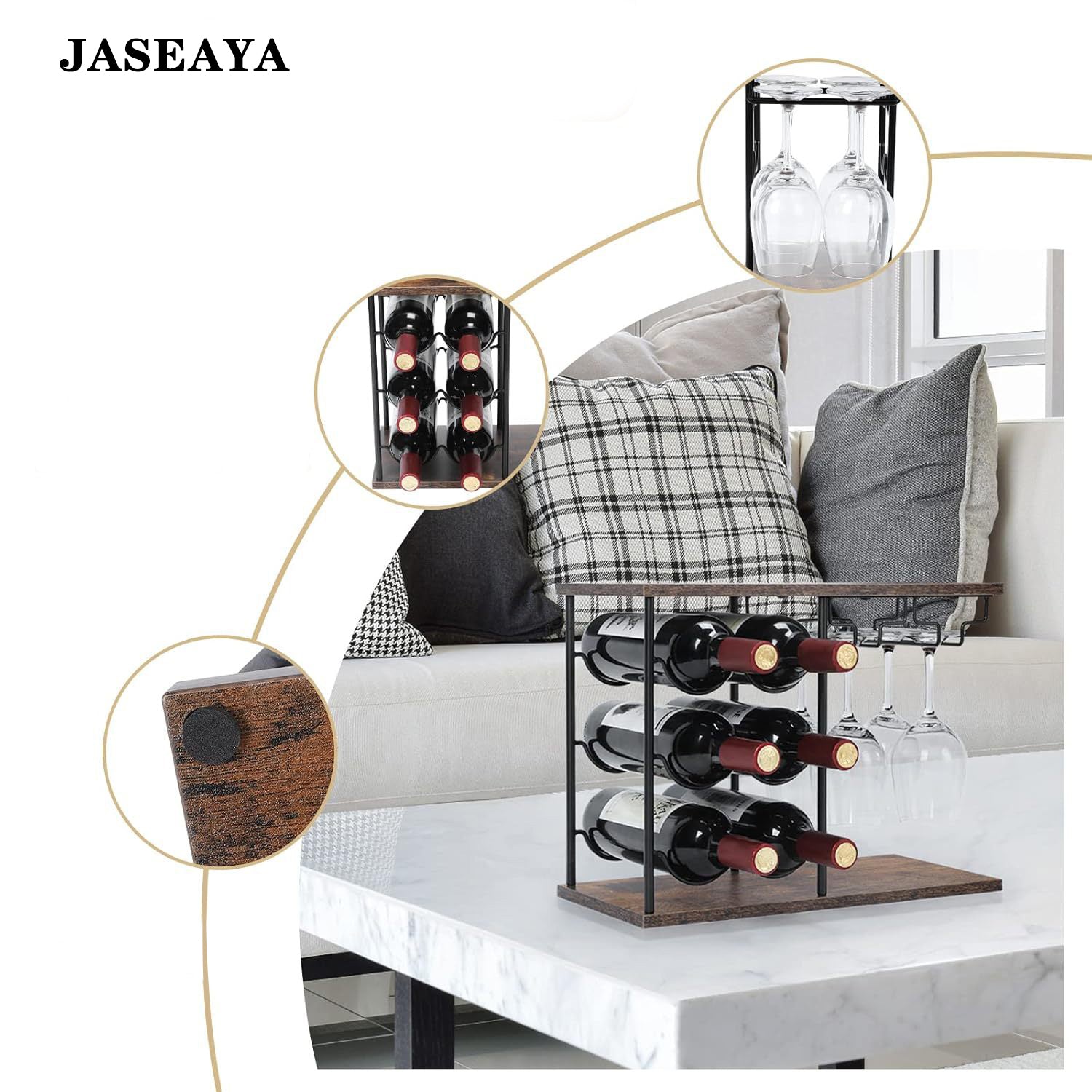 JASEAYA Freestanding Bottle Stands, Countertop Wine Bottle Holder with Tray, Holds 6 Bottles and 4 Glasses, Wine Rack with Glass Holder