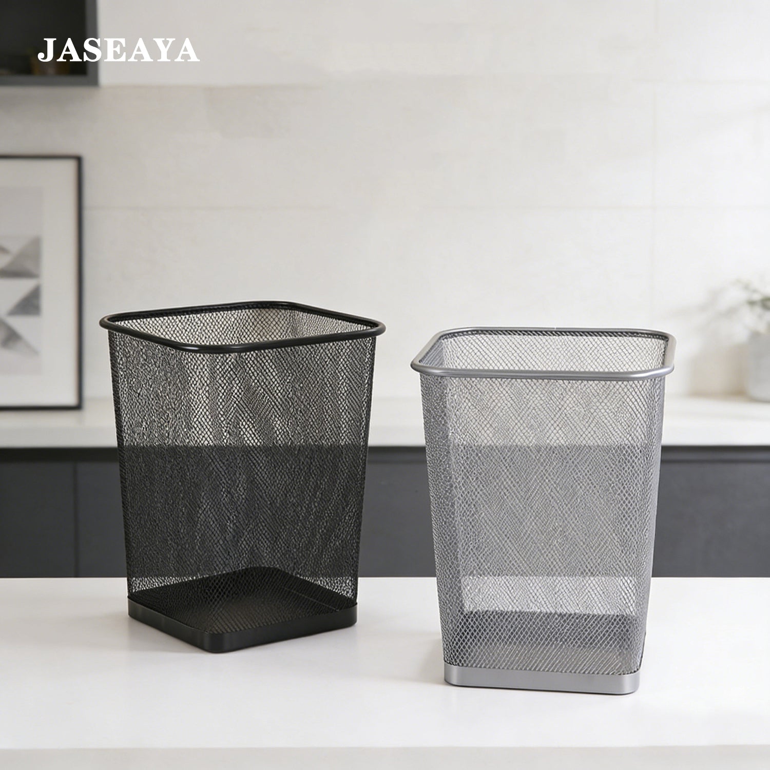 JASEAYA Mesh Trash Can, Waste Paper Basket, Square, Office, Metal Mesh, 9.75"L x 9.75"W x 12.25"H, Set of 2, Black